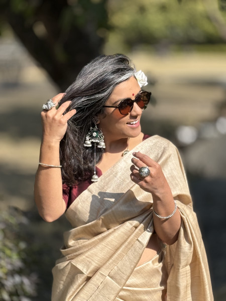 BEIGE HAND WOVEN TUSSAR SILK SARI