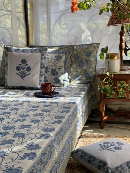 OFF WHITE-BLUE COTTON HAND BLOCK PRINT double BEDSHEET