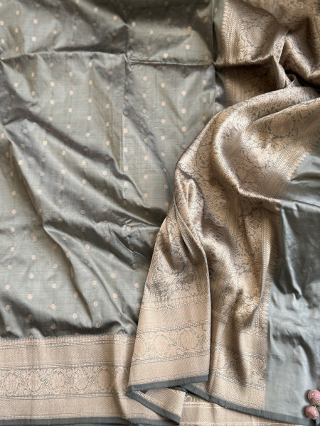 GREY BANARASI HAND WOVEN PURE SILK SARI