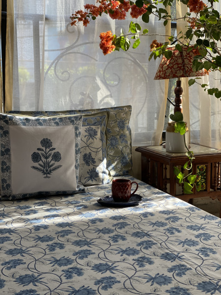 OFF WHITE-BLUE COTTON HAND BLOCK PRINT double BEDSHEET