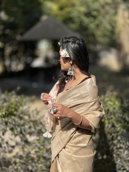 BEIGE HAND WOVEN TUSSAR SILK SARI