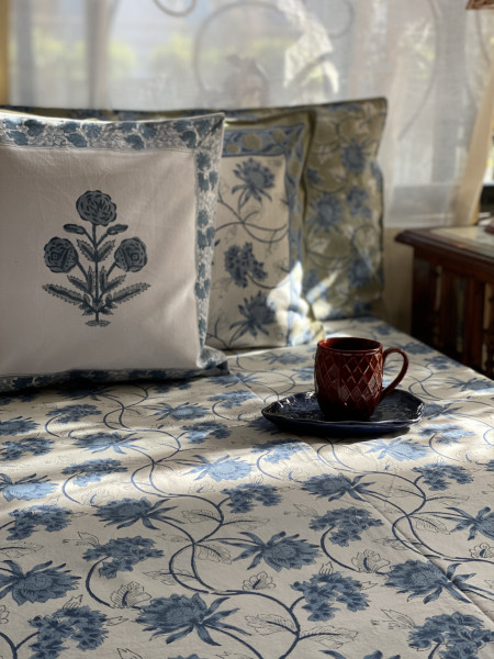 OFF WHITE-BLUE COTTON HAND BLOCK PRINT double BEDSHEET