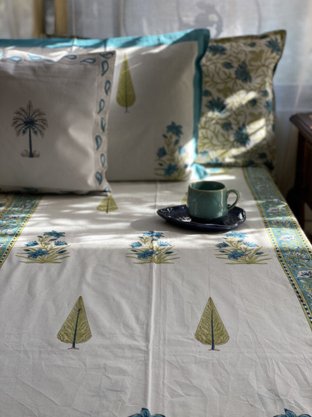 OFF WHITE-BLUE COTTON HAND BLOCK PRINT double BEDSHEET