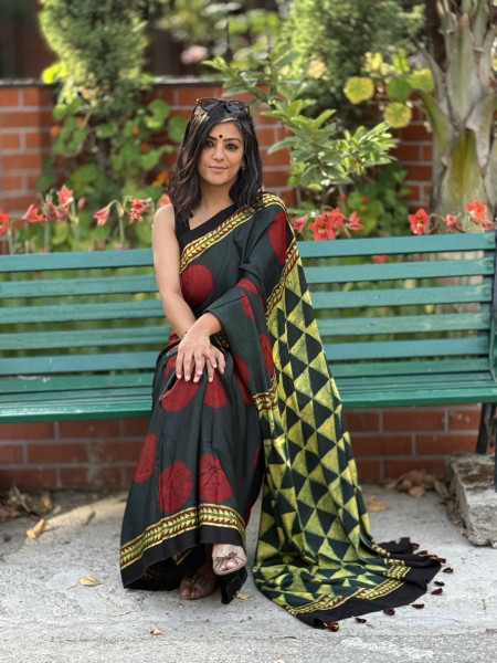 BOTTLE GREEN-MAROON MODAL SILK AJRAKH BLOCK PRINT SARI