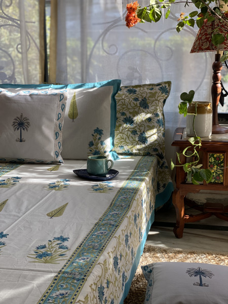 OFF WHITE-BLUE COTTON HAND BLOCK PRINT double BEDSHEET