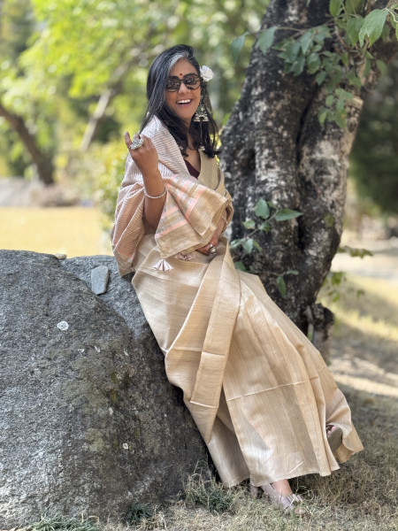 BEIGE HAND WOVEN TUSSAR SILK SARI