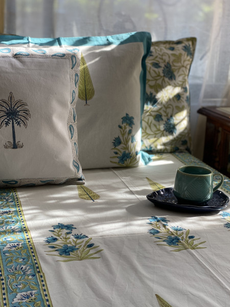 OFF WHITE-BLUE COTTON HAND BLOCK PRINT double BEDSHEET
