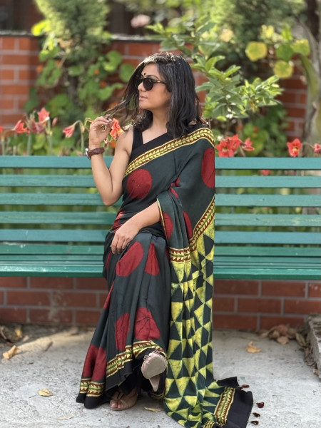 BOTTLE GREEN-MAROON MODAL SILK AJRAKH BLOCK PRINT SARI