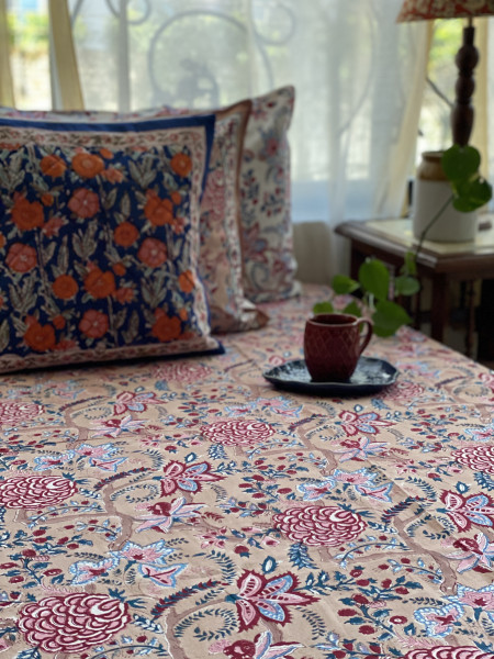 SALMON COTTON HAND BLOCK PRINT double BEDSHEET