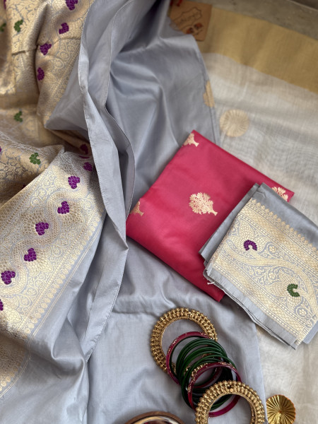 GREY BANARASI MEENAKARI HAND WOVEN PURE SILK SARI
