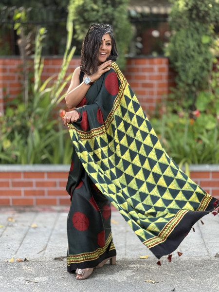 BOTTLE GREEN-MAROON MODAL SILK AJRAKH BLOCK PRINT SARI