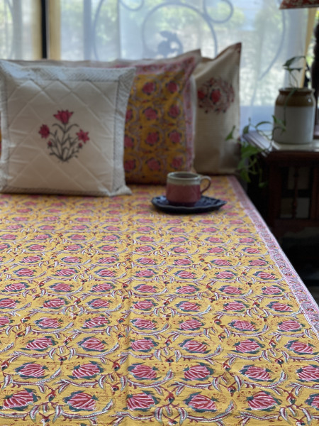 YELLOW COTTON HAND BLOCK PRINT double BEDSHEET