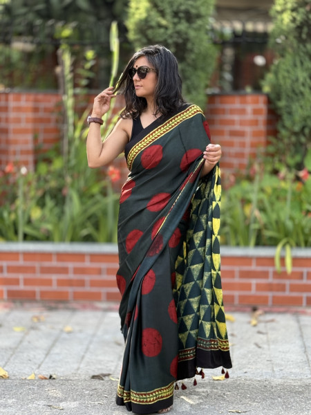 BOTTLE GREEN-MAROON MODAL SILK AJRAKH BLOCK PRINT SARI