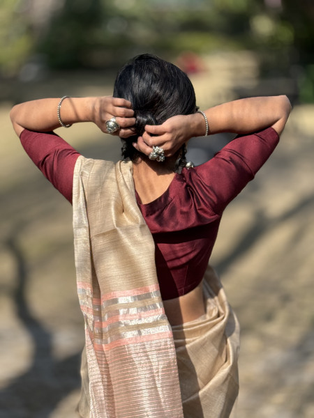 BEIGE HAND WOVEN TUSSAR SILK SARI