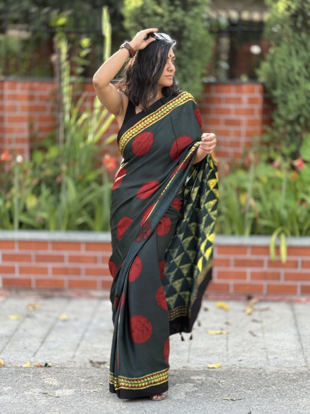 BOTTLE GREEN-MAROON MODAL SILK AJRAKH BLOCK PRINT SARI