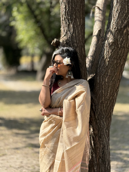 BEIGE HAND WOVEN TUSSAR SILK SARI