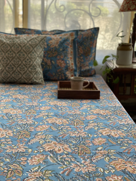 BLUE COTTON HAND BLOCK PRINT double BEDSHEET