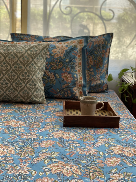 BLUE COTTON HAND BLOCK PRINT double BEDSHEET