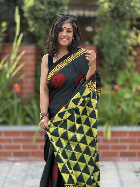 BOTTLE GREEN-MAROON MODAL SILK AJRAKH BLOCK PRINT SARI