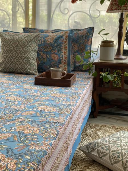 BLUE COTTON HAND BLOCK PRINT double BEDSHEET