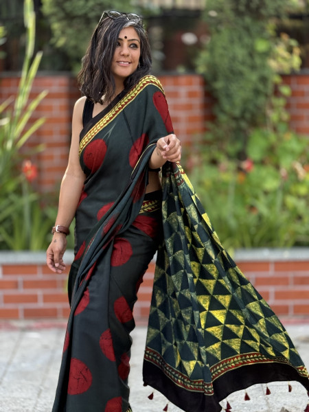 BOTTLE GREEN-MAROON MODAL SILK AJRAKH BLOCK PRINT SARI