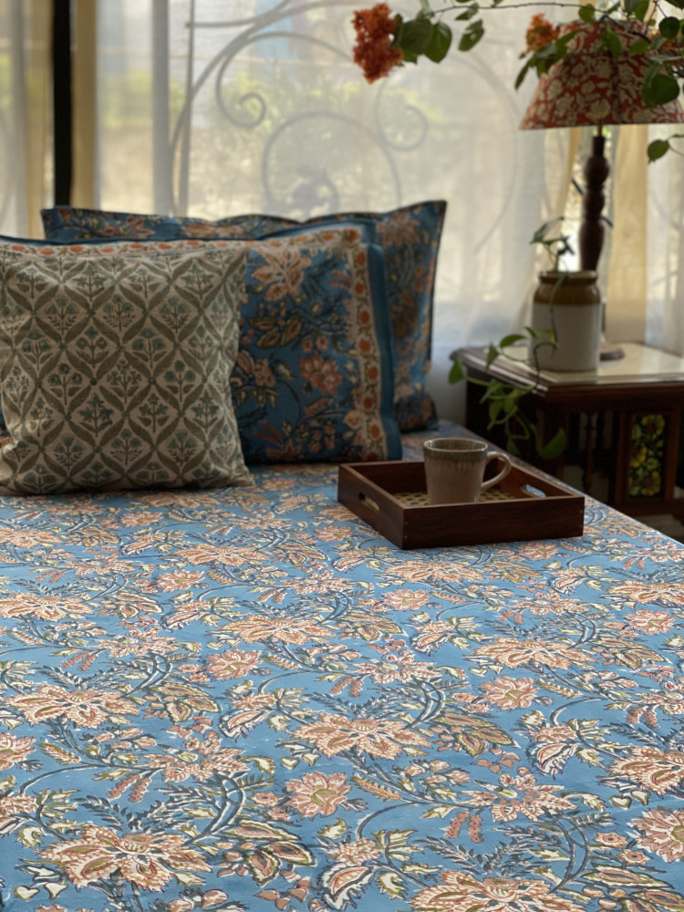 Image of BLUE COTTON HAND BLOCK PRINT double BEDSHEET
