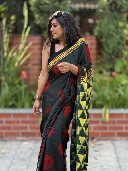BOTTLE GREEN-MAROON MODAL SILK AJRAKH BLOCK PRINT SARI