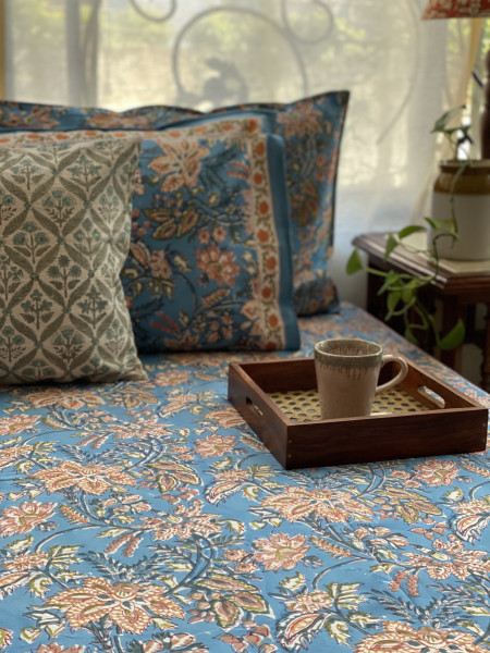 BLUE COTTON HAND BLOCK PRINT double BEDSHEET