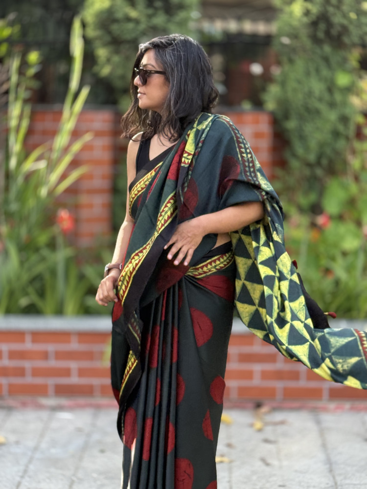 Image of BOTTLE GREEN-MAROON MODAL SILK AJRAKH BLOCK PRINT SARI