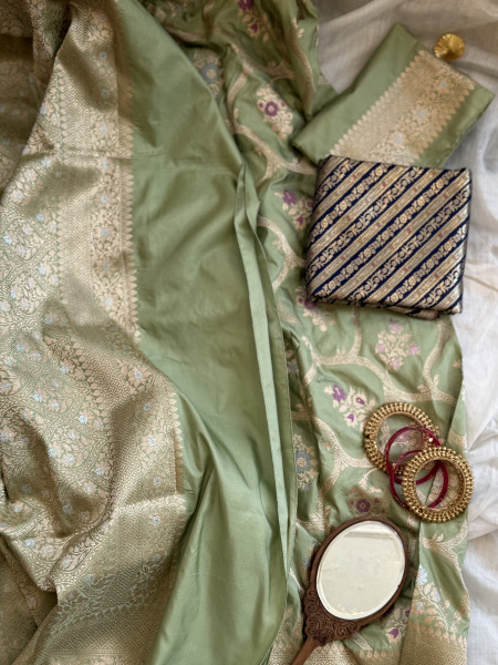 PISTA GREEN BANARASI MEENAKARI HAND WOVEN PURE SILK SARI