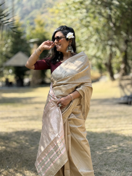 BEIGE HAND WOVEN TUSSAR SILK SARI