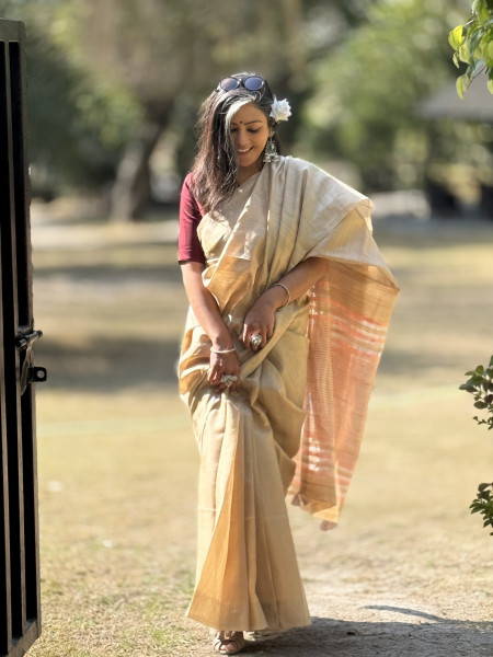 BEIGE HAND WOVEN TUSSAR SILK SARI