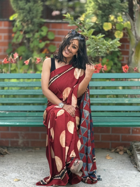 MAROON-OFF WHITE MODAL SILK AJRAKH BLOCK PRINT SARI