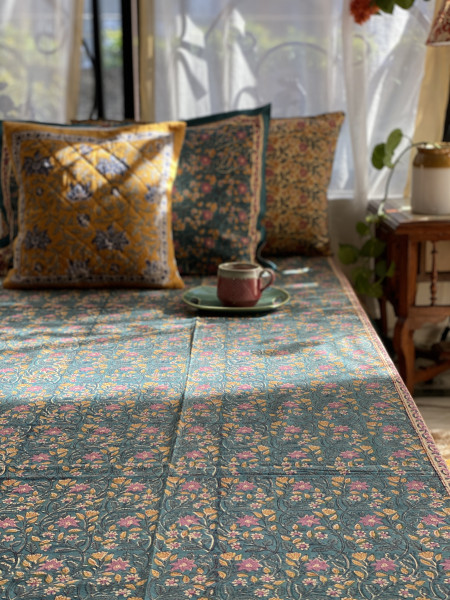 TEAL COTTON HAND BLOCK PRINT double BEDSHEET