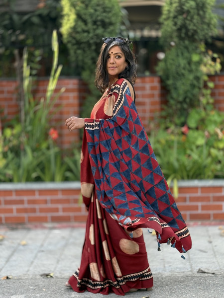 MAROON-OFF WHITE MODAL SILK AJRAKH BLOCK PRINT SARI