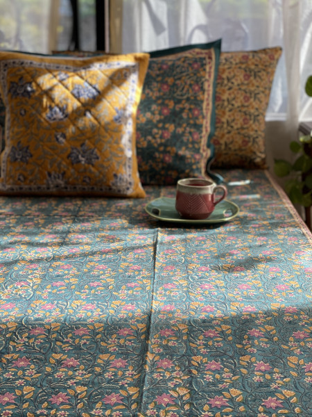 TEAL COTTON HAND BLOCK PRINT double BEDSHEET