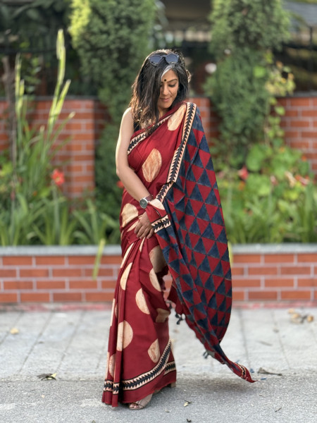 MAROON-OFF WHITE MODAL SILK AJRAKH BLOCK PRINT SARI