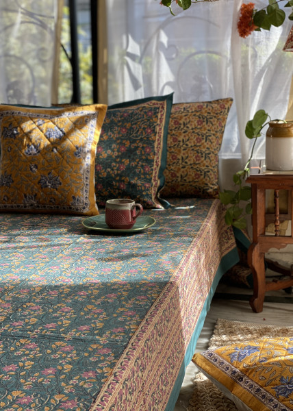 TEAL COTTON HAND BLOCK PRINT double BEDSHEET