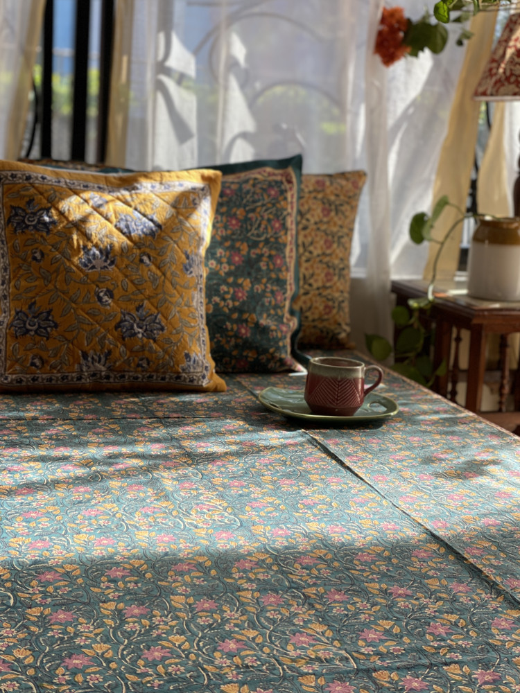 Image of TEAL COTTON HAND BLOCK PRINT double BEDSHEET