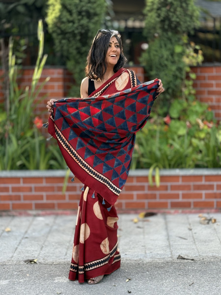 MAROON-OFF WHITE MODAL SILK AJRAKH BLOCK PRINT SARI