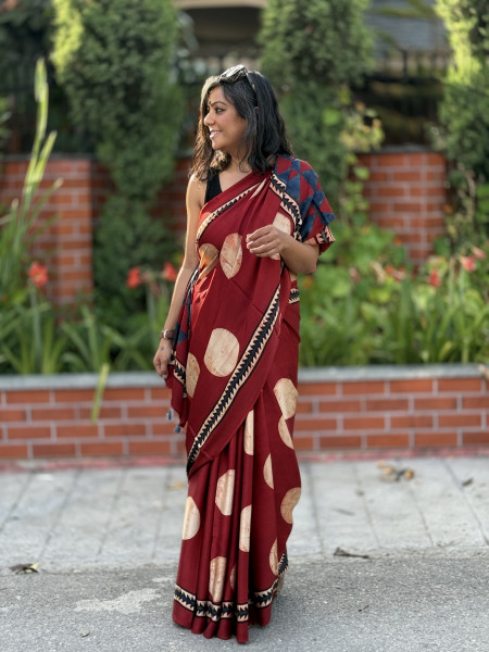 MAROON-OFF WHITE MODAL SILK AJRAKH BLOCK PRINT SARI