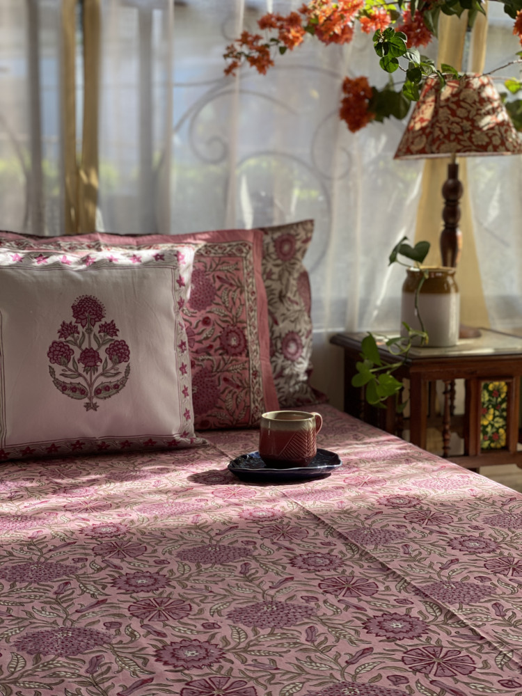 Image of PINK COTTON HAND BLOCK PRINT double BEDSHEET