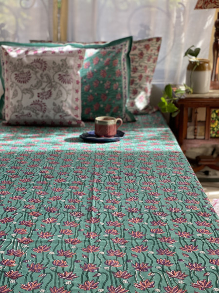 AQUA COTTON HAND BLOCK PRINT double BEDSHEET