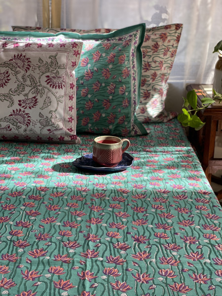 AQUA COTTON HAND BLOCK PRINT double BEDSHEET