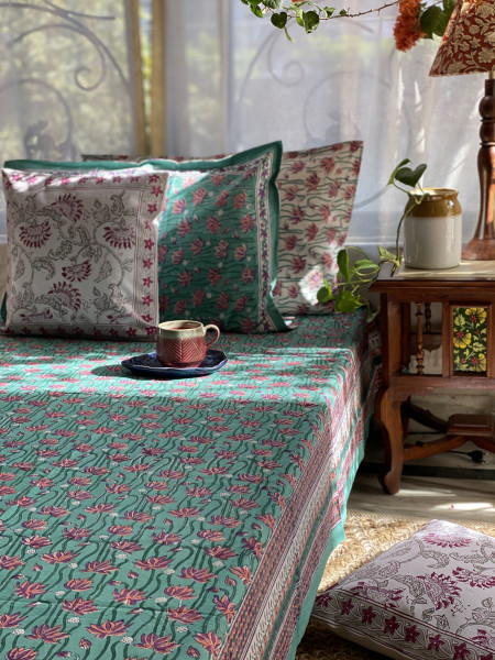 AQUA COTTON HAND BLOCK PRINT double BEDSHEET