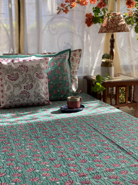 AQUA COTTON HAND BLOCK PRINT double BEDSHEET