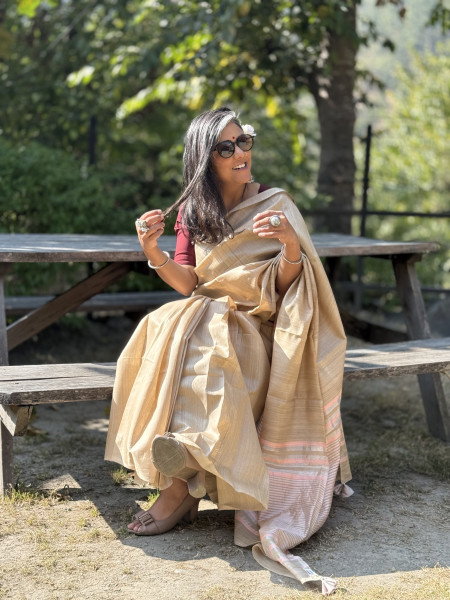 BEIGE HAND WOVEN TUSSAR SILK SARI