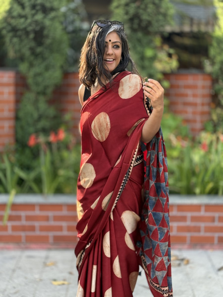 MAROON-OFF WHITE MODAL SILK AJRAKH BLOCK PRINT SARI