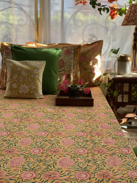 MUSTARD COTTON HAND BLOCK PRINT KING BEDSHEET