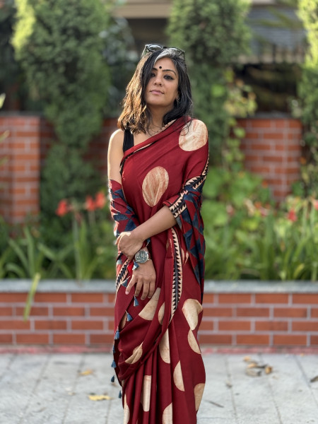 MAROON-OFF WHITE MODAL SILK AJRAKH BLOCK PRINT SARI